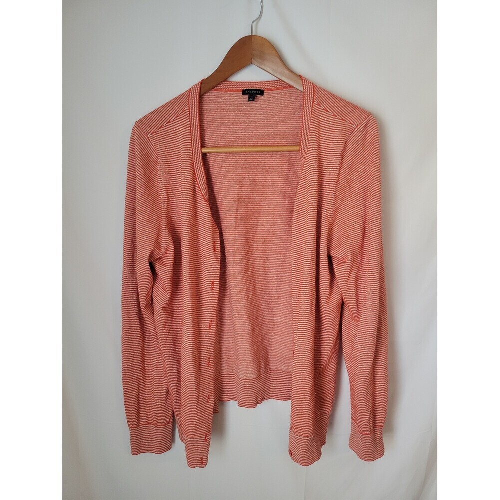 Talbots Women's XL Orange White Striped Metallic Knit Button Front Cardigan